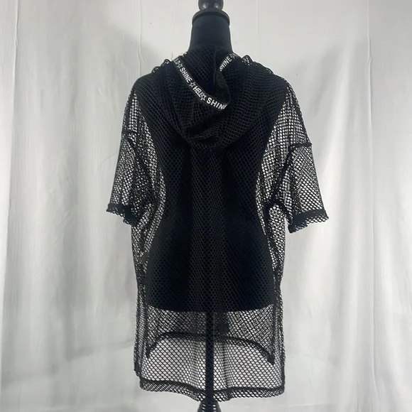 Black mesh,knit pullover w hoodie and drawstring, coverup, see through,Large - Picture 4 of 9